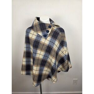 Mucros Weavers Ireland 100% Wool Plaid Cape‎ Poncho Blue Cream One Size